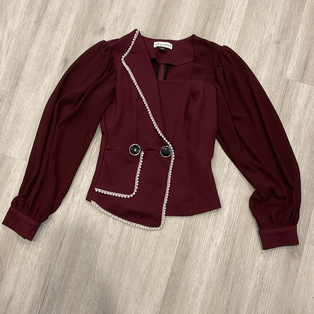 Faveciros Red Pearl Beaded Details Blazer Jacket Sheer Sleeves Size Medium